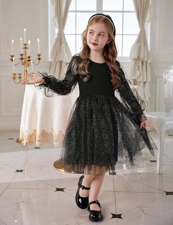 Arshiner Toddler Christmas Dress Girls Sequin Tulle Puff Long Sleeves Tutu Dress Princess Birthday Party Clothes 1-6T
