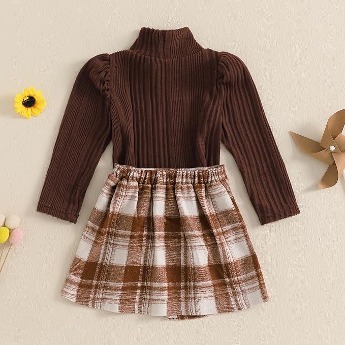 Fernvia Toddler Baby Girl Fall Winter Skirt Set Turtleneck Ribbed Long Sleeve T-Shirt Top & Plaid Skirts Dress 2Pcs Outfits