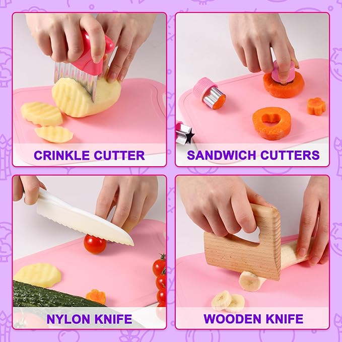 19 Pieces Kitchen Tools-Kids Cooking Sets Real-Toddler Knife Set for Real Cooking, Montessori Toys for 3+,Toddler Utensils with Safe Knives Crinkle Cutter Cutting Board