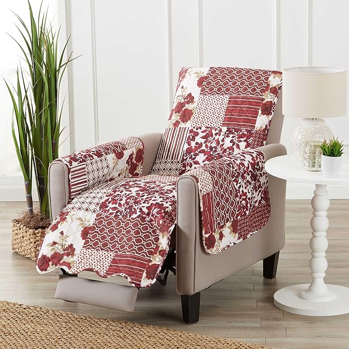 Great Bay Home Patchwork Scalloped Printed Furniture Protector Stain Resistant Recliner Cover (Recliner, Burgundy)