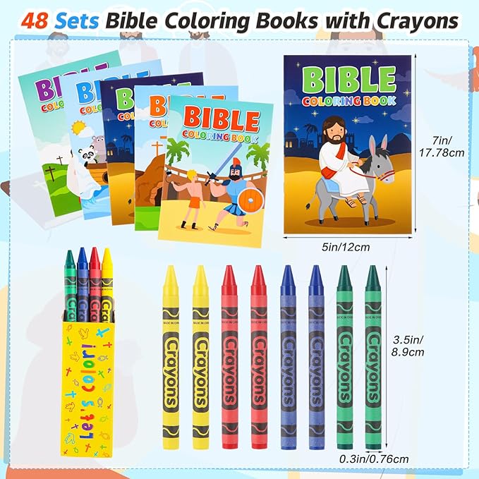 48 Set Bulk Bible Coloring Books with Crayons for Kids Chrismas Verse Religious Drawing Books Bulk Christian Story Activity Supplies, DIY Sunday School Crafts, Bible Party Favors Gifts