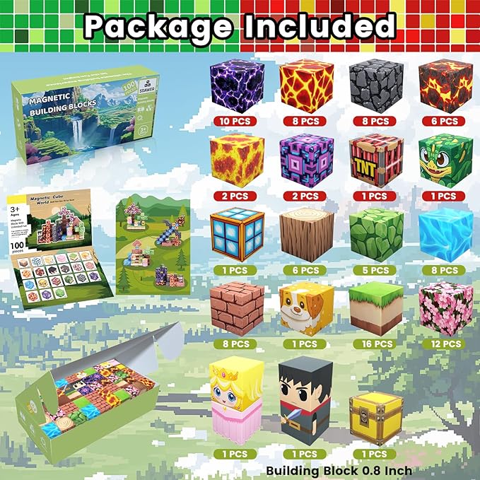 Magnetic Blocks, 3D Building Blocks Set for Kids Ages 3 4 5 6 7 8 9 10, 100 PCS Magnetic Cube, STEM Montessori Construction Toys for Easter Birthday Gifts (CX-001)