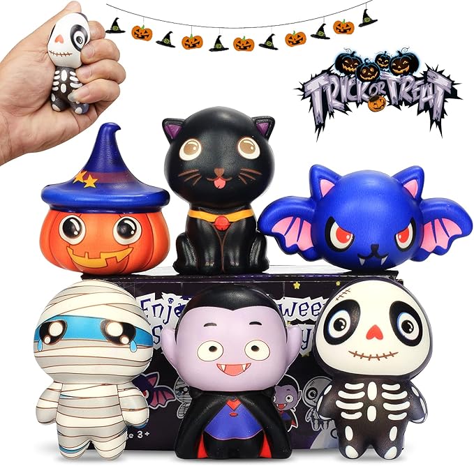 6 Packs-Halloween Squishies Toys Slow Rising, Gift Box Includes Ghost: Vampire,Pumpkin,Skull,Black Cat,Mummy,Bat, Halloween Soft Toys for Girls,Boys,Kids Party
