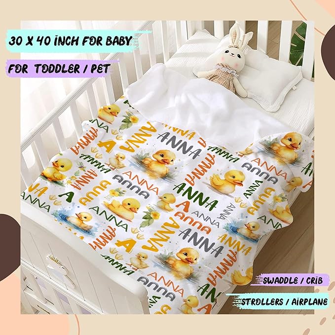 Custom Name Duck Blanket for Girls Adult duck Blanket Kids Funny Blanket Suitable for bedroom bed sofa Crib Couch Chair outdoor All Season Items That Yellow Duck Lovers Will Love 90”×120 ”for Family