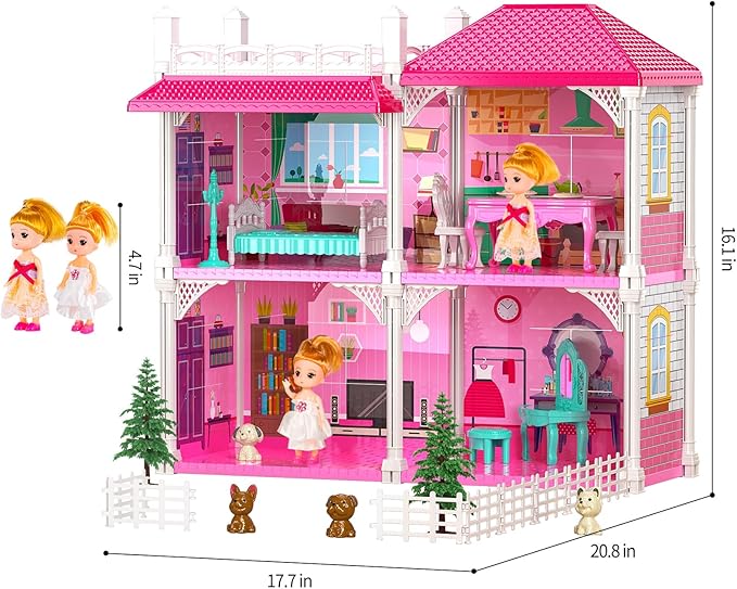 TEMI Villa Toys for 3-8 Years Old Girls - 2 Storeys 4 Rooms Indoor Playset with 2 Dolls, Furniture and Accessories, Pretend Girls Plays, Building Toys, Gifts for Kids 3-5