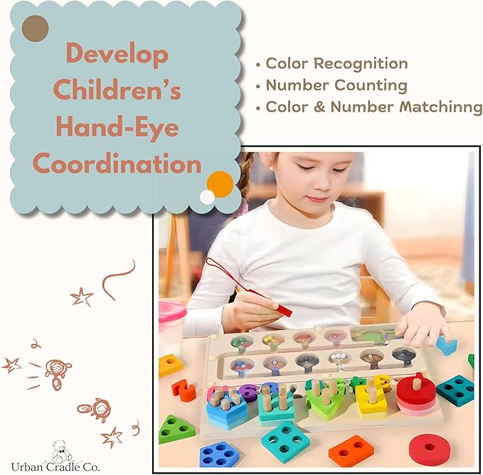 3-in-1 Magnetic Wooden Maze, Montessori Toys, Stacking Building Blocks Shape Sorter Number Board, Color Matching Educational Learning Toys for Kids, Toddler Gift, Toys for Boys Girls 3 4 5 Years Old