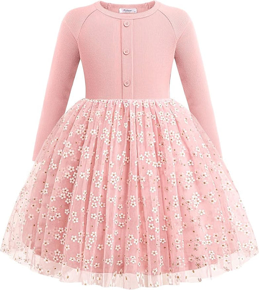 Arshiner Toddler Girls Tutu Dress Long Sleeve Fall Winter Button Front Party Tulle Dresses 2-8Y