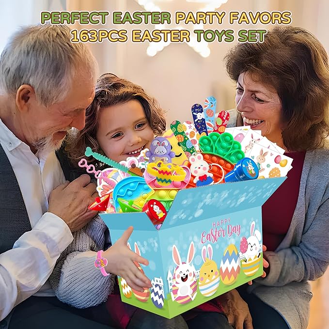 163PCS Easter Toys For Party Favors, Easter Basket Stuffers, Easter Gifts for Kids, Easter Pinata Basket Fillers Classroom Prize Treasure Box