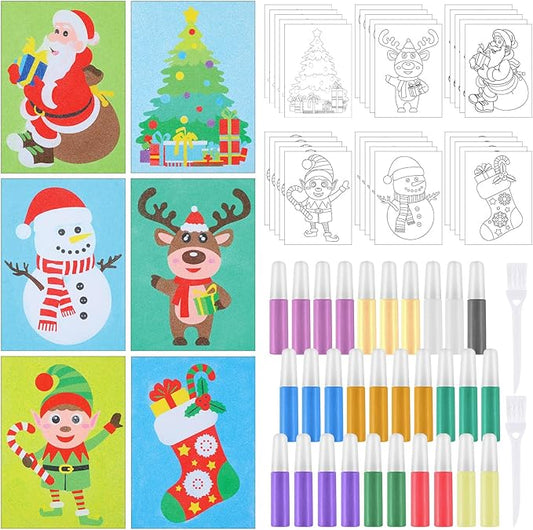 30 Sets Christmas Sand Art Kits for Kids DIY Christmas Craft Sand Painting Colored Sand Art Painting Cards Set for Children DIY Arts Activities Xmas Gift Christmas Theme Party Supplies