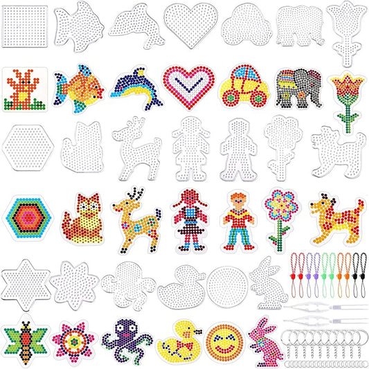 20 Pieces 5mm Fuse Beads Pegboards Clear Animal Shape Plastic Pegboards Craft Tray with 20 Pieces Colorful Cards for Kids DIY Craft Beads
