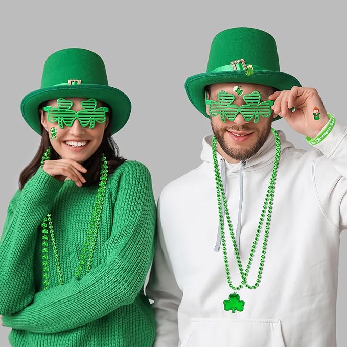 140PCS St Patricks Day Accessories, St. Patrick's Day Glasses Bracelets Tattoos Beads, Irish Glasses Bracelets Tattoos Beads Stuff Bulk, Shamrock Saint Patricks Parade Throw Party Favor Decorations