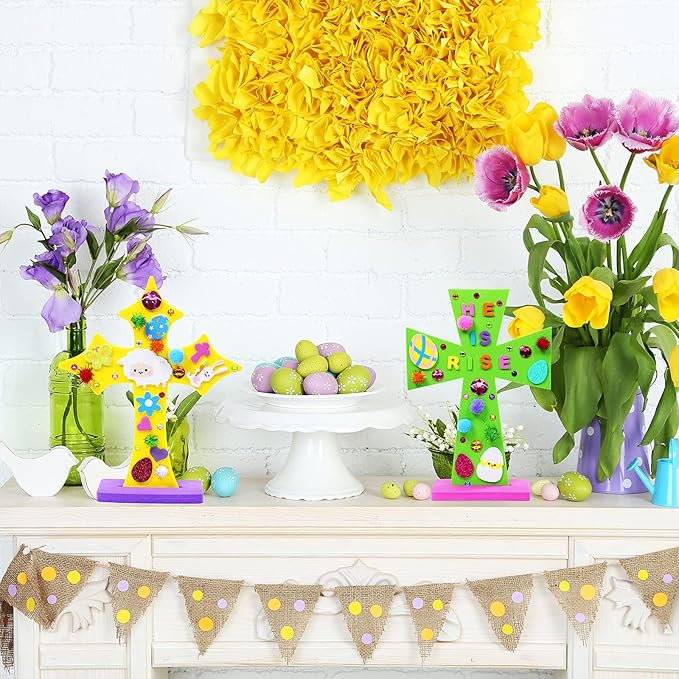 18 Sets Easter Cross Decorations DIY Craft Kits Assorted Foam Cutouts Egg Bunny Chick Stickers Pom-poms for Kids Classroom Sunday School VBS Activity Art Project