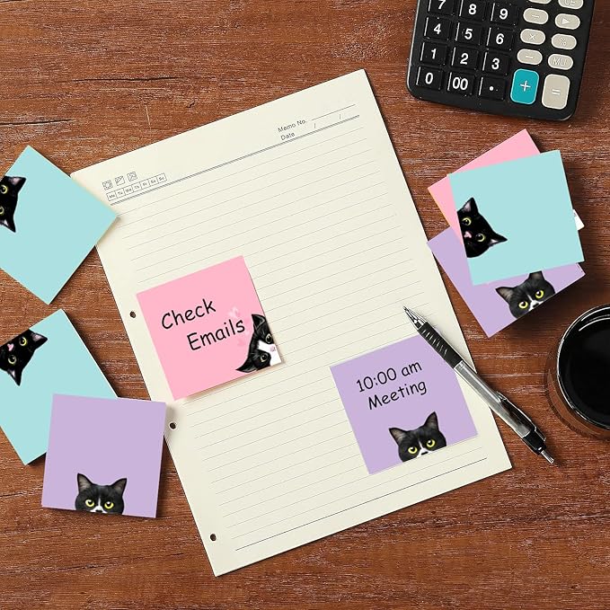 9 Pads Black Cat Sticky Notes Set, Pink Self-Stick Note Pads, Cute Memo Pads Super Adhesive Note Card for Cat Lover Gift, Teacher Office and School Supplies, 3x3in