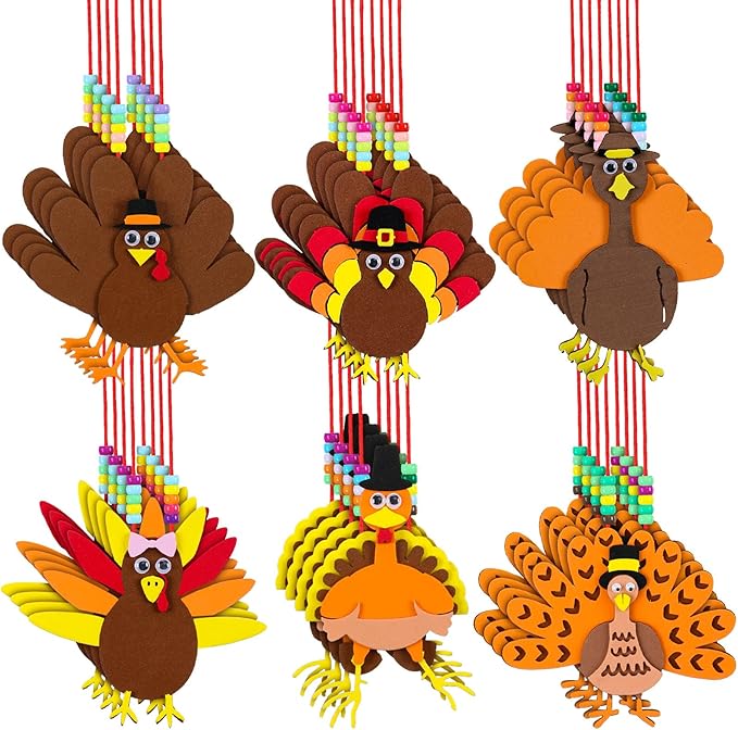 24 Pcs Thanksgiving Turkey Necklaces Kit, Turkey Beaded Necklace Making Kit, DIY for Kids, Thanksgiving Gifts Set for Thanksgiving Party toys Game Activity