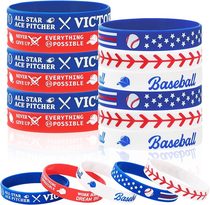 AnyDesign 30Pcs Baseball Silicone Rubber Bracelets Motivational Baseball Bracelet Wristbands 5 Designs Rubber Wristband for Baseball Theme Party Sport Prize Birthday Gift Party Favor Accessories