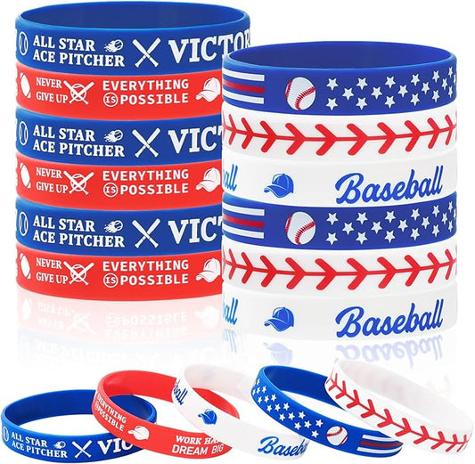 AnyDesign 30Pcs Baseball Silicone Rubber Bracelets Motivational Baseball Bracelet Wristbands 5 Designs Rubber Wristband for Baseball Theme Party Sport Prize Birthday Gift Party Favor Accessories