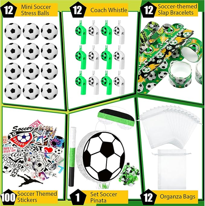 152 Pcs Ball Piñata Ball Party Supplies with Blindfold and Stick for Kids Birthday Party Decorations Foam Stress Balls Slap Bracelets Whistle Ball Favors for Boys Girls(Soccer)