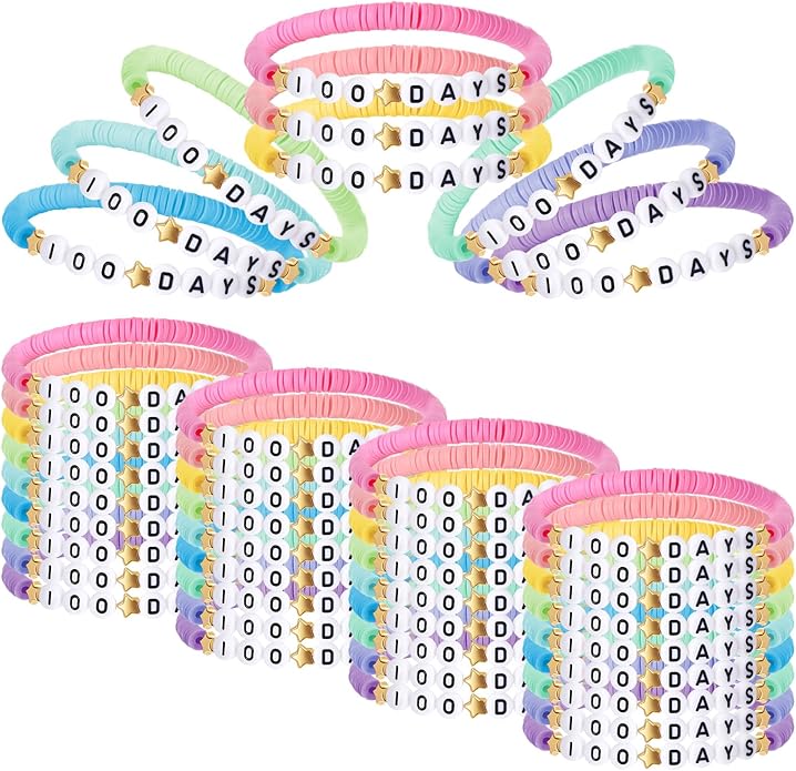 36 Pcs Happy 100th Day of School Bracelets Colorful Friendship Beads Bracelet for Boy Girl Kids Cute 100th Day Gifts Stretchy Acrylic Clay for School Supply Decor Student Rewards
