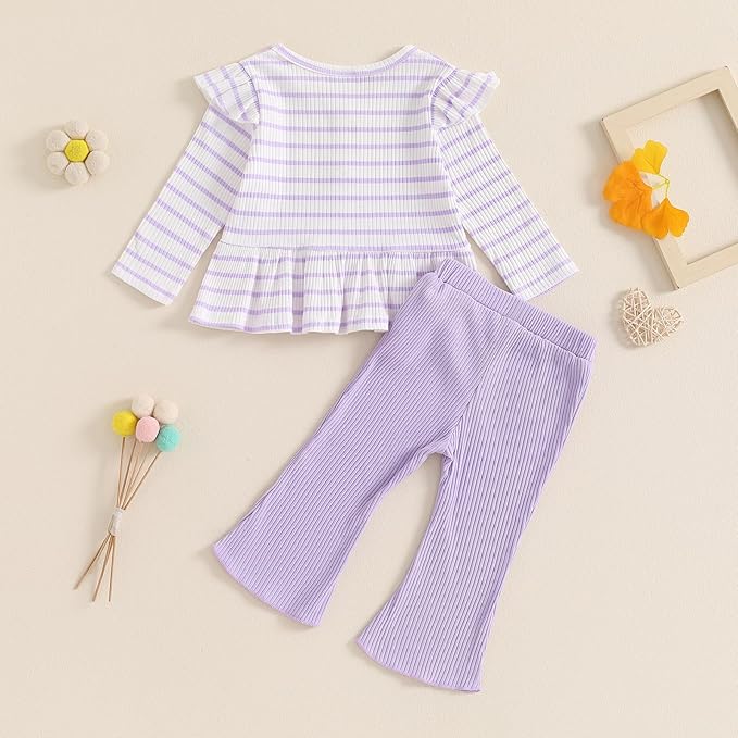 Mubineo Toddler Baby Girl Clothes Cute Ribbed Outfits Knit Long Sleeve Shirt Tops Bell Bottom Pant Fall Winter Outfit