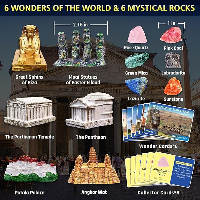 Ancient Wonders Dig Kit, Dig up 6 Mystery Historical Landmarks & 6 Treasure Stones, Famous World History Architecture Toy Archaeology Set, STEM History Gift for Kids Age 6-8-12