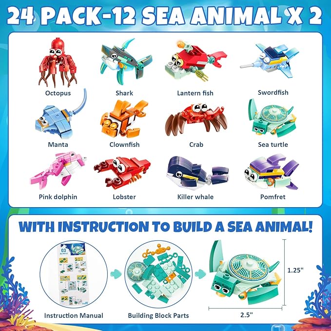 24 Pack Valentine Gifts for Kids 8-12, Marine Animal Building Blocks Kit with Gift Cards for Kids School Classroom, Party Favors Exchange for Boy Girl, Kid Valentine Basket Stuffers Egg Filler