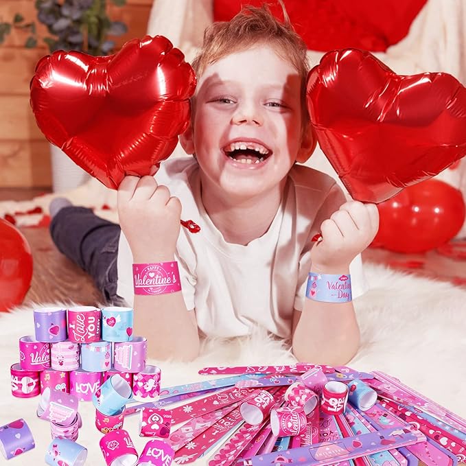48 Pcs Valentines Day Slap Bracelets with Colorful Hearts for Birthday Gifts for Kids Party Supplies Favors Classroom Exchange Birthday Giveaways Game Prizes Kids Party Favors