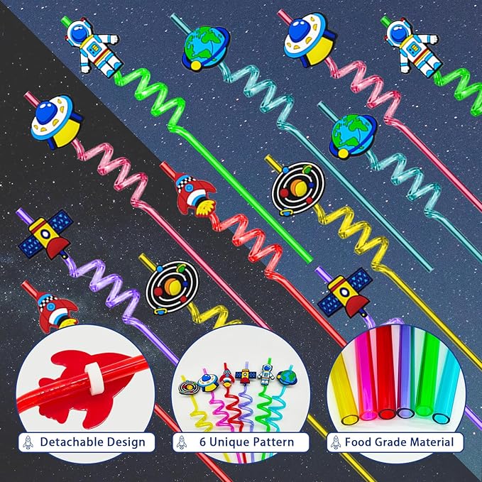 146 Pcs Space Party Favors Set with Space Straws Keychains Slap Bracelet Bookmark Tattoo Stickers Goodie Bags Space Party Supplies Outer Space Birthday Decorations