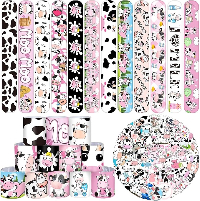 74 PCS Cow Party Favors Include 24 Pcs Cow Print Slap Bracelet 50 Pcs Cow Stickers Pack Cow Print Stuff Cute Cow Birthday Party Decorations Supplies for Kids Girls Boys Gifts Classroom Prizes