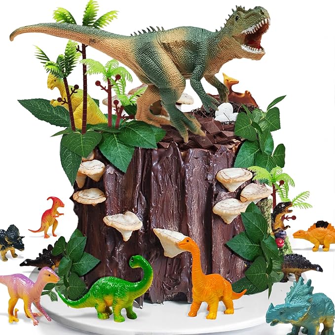 26 PCS Dinosaur Cake Toppers With Dinosaur Eggs Leaves Trees Cake Decorations For Birthday Party,Dinosaur Themed Party, Wild Animals Party,Kids Party Cake Decorations