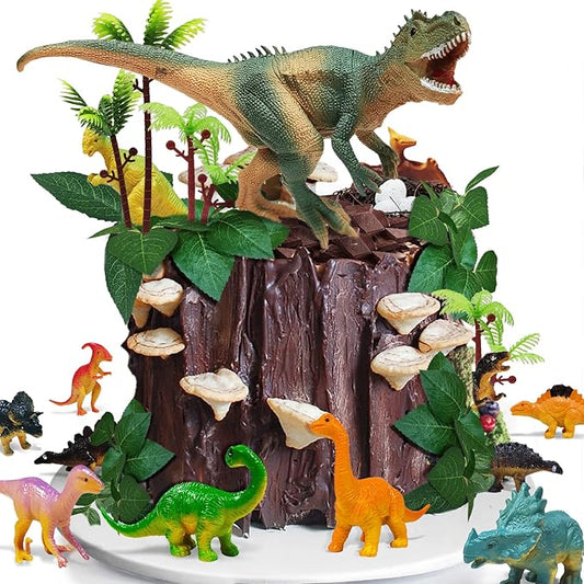 26 PCS Dinosaur Cake Toppers With Dinosaur Eggs Leaves Trees Cake Decorations For Birthday Party,Dinosaur Themed Party, Wild Animals Party,Kids Party Cake Decorations