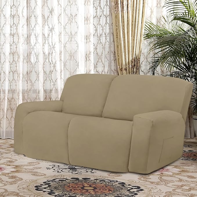 Easy-Going Oversized 6 Pieces Microfiber Stretch Sectional Recliner Loveseat Sofa Slipcover Soft Fitted Fleece 2 Seats Couch Cover Washable Furniture Protector with Elasticity for Kids Pet Tan