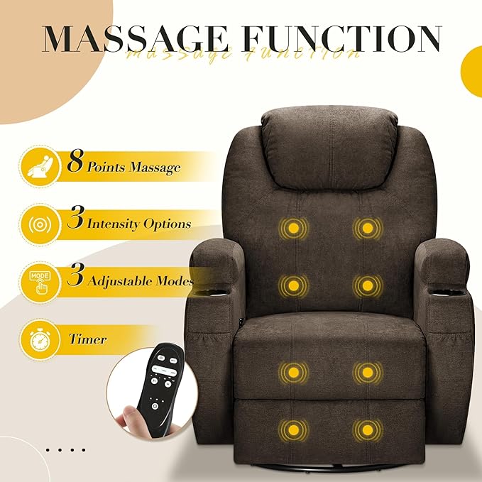 Recliner Chair, 360° Swivel Rocker Chair for Adults, Rocking Recliner Chair with Massage, Comfy Single Sofa with Side Pockets Cup Holders for Living Room, Bedroom, Nursery (Fabric, Brown)