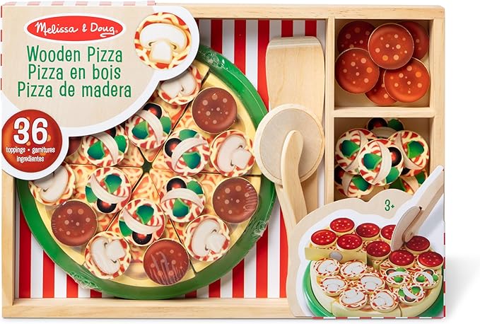 Melissa & Doug Pizza Party Wooden Pretend Play Food Set With 36 Toppings, Preschool Toy Pretend Food, Play Wooden Pizza And Cutter, Toy For Kids Ages 3+