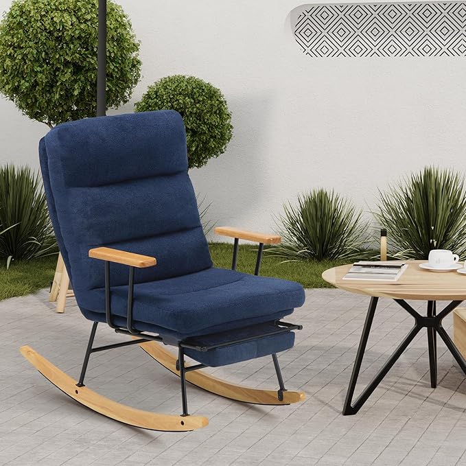 Rocking Chair with Footrest-Glider Rocker Chair with Retractable Footrest and Adjustable Backrest, Teddy Upholstered Rocking Chair, Modern Accent Chair for Living Room/Nursery/Bedroom/Outdoor-Blue