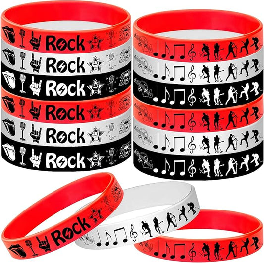 48PCS Rock and Roll Rubber Bracelets Silicone Wristbands -Rock and Roll Music Notes Party Supplies Decorations Guitar Audio Record Microphone Rap Birthday Baby Shower Party Favors