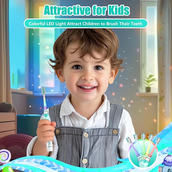 Kids Electric Toothbrush Toddler Toothbrush Age 2-4-8-12 Electric Toothbrush Kids with Timer Rainbow LED Light Up Vibrating Toothbrush Battery Operated Childrens Sonic Tooth Brush (Green Giraffe)