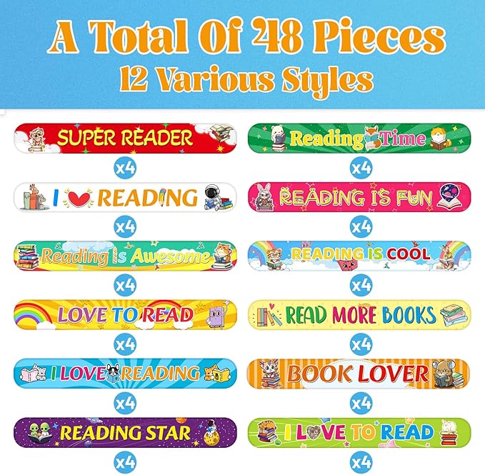 48 Pcs Reading Book Love to Read Slap Bracelets Party Favors, Book Wristbands Bracelets Goodie Bag Fillers for Reading Book Birthday Party Decorations Supplies for Kids Classroom Rewards