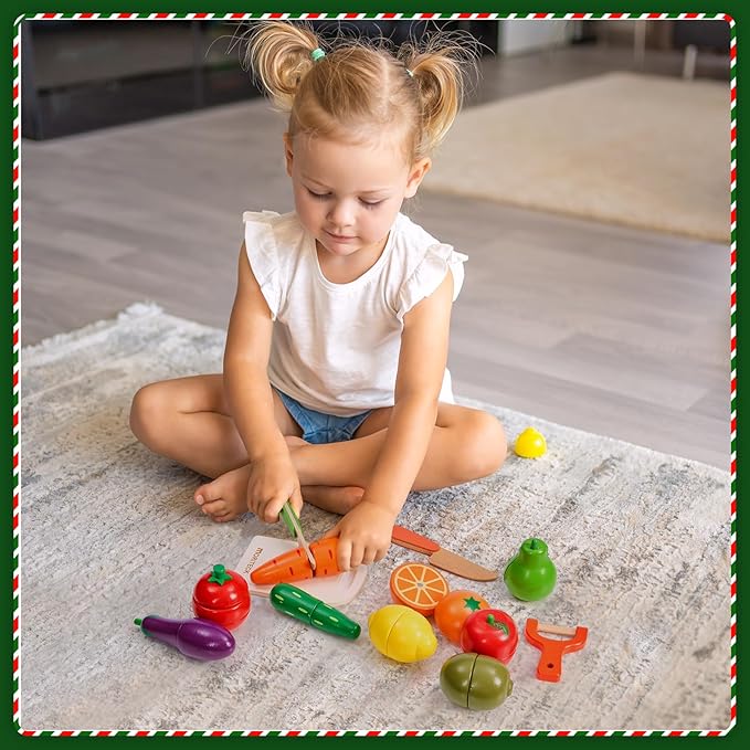 Wooden Play Food Sets for Kids Kitchen Accessories, Realistic Wood Cutting Fruits Toys for 3- Year Old Toddlers, Mini Pretend Play Fake Fruit Birthday Gifts for 3 -6 Years Girls Boys