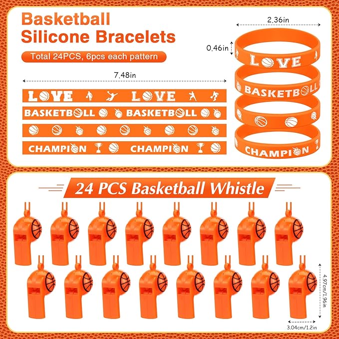 Aoriher 194 Pcs Basketball Party Favors Set Sport Silicone Bracelet Sport Car Keychain Whistle for Girls Boys Birthday Gifts Sport Themed Party Supplies