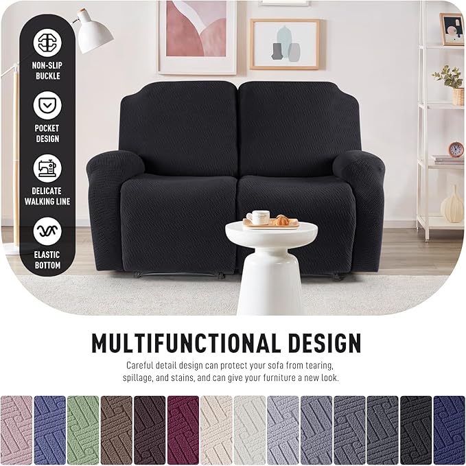 KinCam Recliner Covers, Stretch Reclining Chair Covers, Recliner Sofa Slipcovers Stripe Jacquard Recliner Couch Covers Furniture Protector Covers for Pet Kid (2XL Seater, Black)