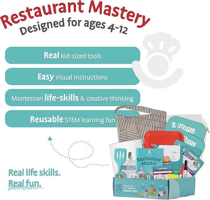 Tovla Jr. Ultimate Kids Real Restaurant-Making Set – Real Cooking Tools, STEM Activity for Ages 4+, Visual Learning Recipes and Menus, Great Gift for Aspiring Chefs