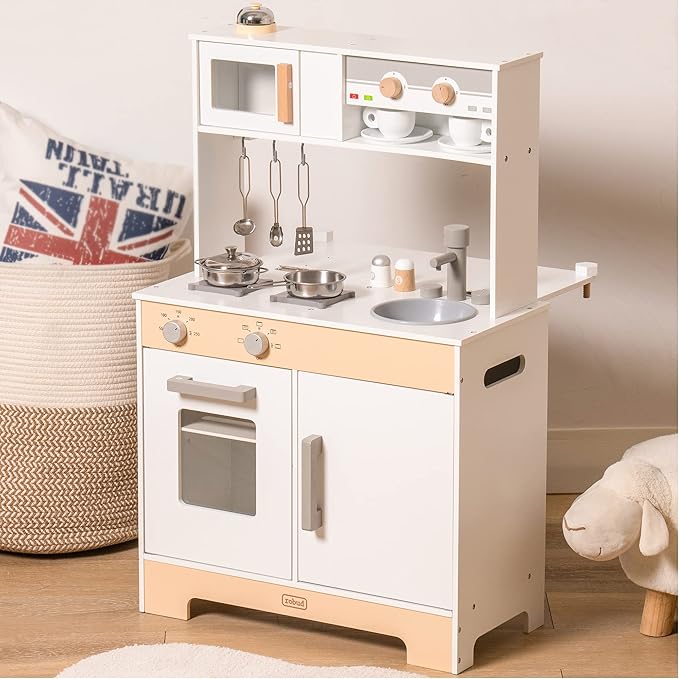 2 in 1 Play Kitchen for Kids Wooden Chef Pretend Play Kitchen Playset with Sounds Food Cookware Accessories Set for Boys Girl Birthday Gifts White