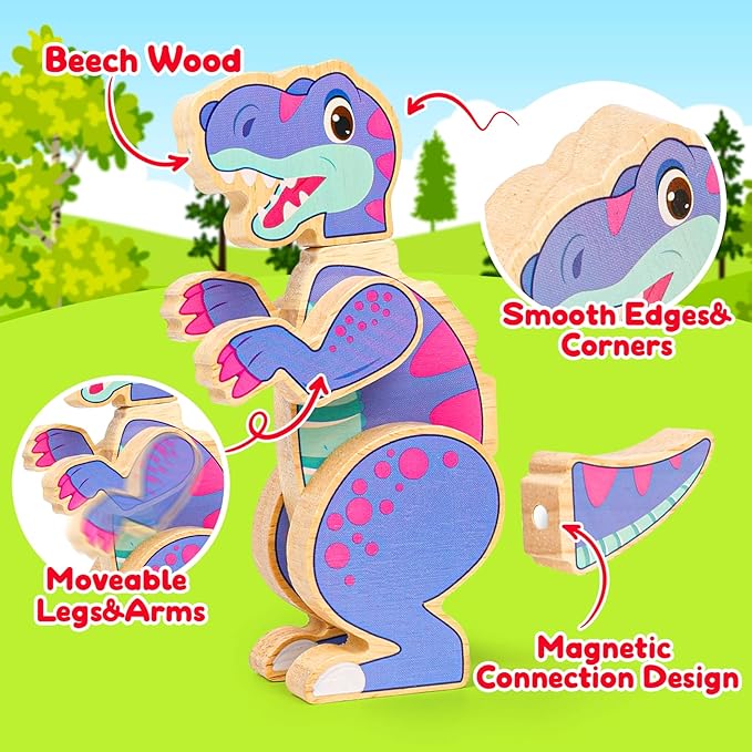 Dinosaur Toys for Kids 3-5,Wooden Magnetic Dino Take Apart Building Blocks Toys for Fine Motor Skills & Creative Play,Easter Basket Stuffers for Toddler Boys Girls