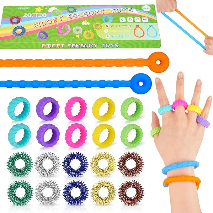 22Pcs Fidget Sensory Toys with Fidget Rings - for Anxiety Fidget Toys Bracelet for Kids Calming Sensory Toys for Kids With Autism Quiet Anxiety Relief Calm Down Fidgets Toys for Classroom Party Favors