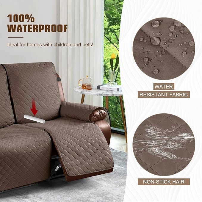 KinCam Loveseat Recliner Covers for 2 Seat, 100% Waterproof Reclining Loveseat Covers, Non-Slip Recliner Cover Furniture Protector with Elastic Straps for Pets, Kids, Brown