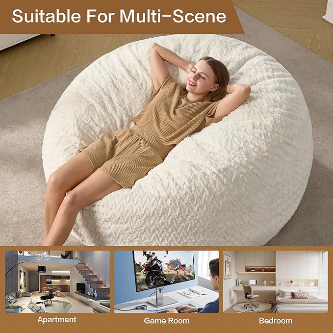 5ft Bean Bag Chairs for Adults Large Beanbag Chair with Chevron Plush Fur Cover Big Bean Bag Chair for Living Room Bedroom Dorm Office - White (50” x 50” x 24”)