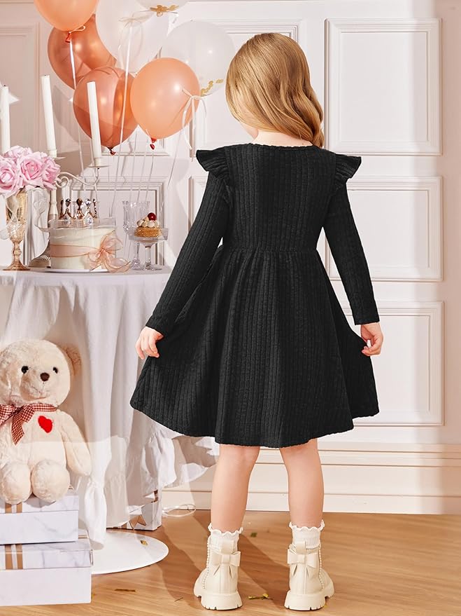 Arshiner Toddler Girl Dress Baby Girls Knitted Ruffle Sleeve Pocket Dresses A-Line Flared Fall Winter Clothes for 2-8 Years