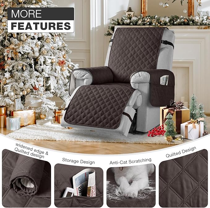 TAOCOCO Waterproof Recliner Chair Covers with Leg Strap 1 Piece Oversized Recliner Covers for Large Recliner for Pets Kids, Washable Reclining Chair Furniture Protector(28'' Oversized, Chocolate)
