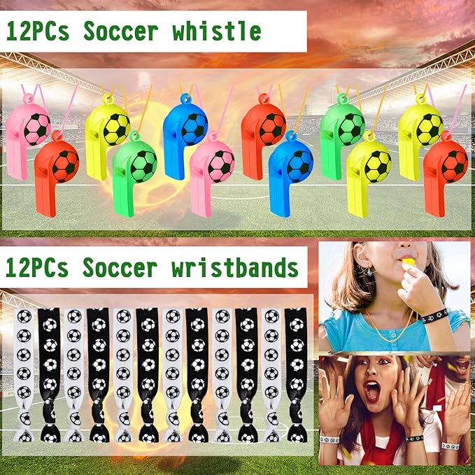 158Pcs Soccer Party Favors with Soccer Party Bags Soccer Whistle Mini Foam Soccer Ball Slap Bracelets Keychains Sticker Tattoo for Party Goodie Bag Fillers Soccer Party Decorations
