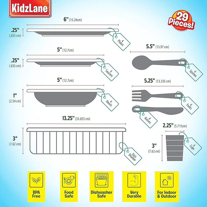 Kidzlane Kids and Toddler Dishes - Kids Play Kitchen Accessories Set - Dishwasher Safe Plastic Play Dishes - Kitchen Toys - Toy Plates and Dishes for Kids Kitchen Set